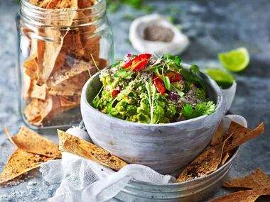 Chia and tomato guacamole with sumac crisps