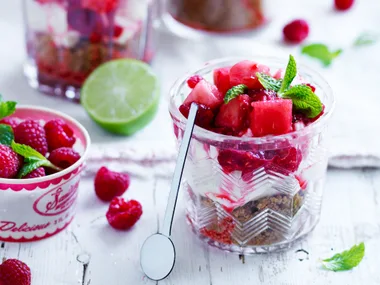 Watermelon, lime and berry cheesecake jars