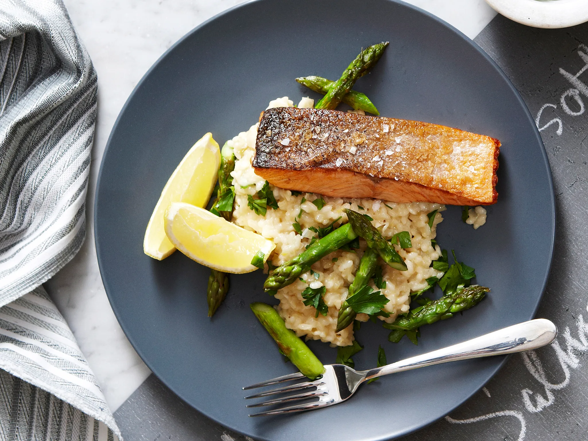 Asparagus and lemon risotto with crispy salmon