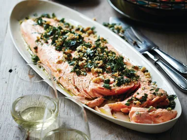 Salmon with herb & walnut salsa