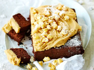 Popcorn and peanut butter chocolate cake