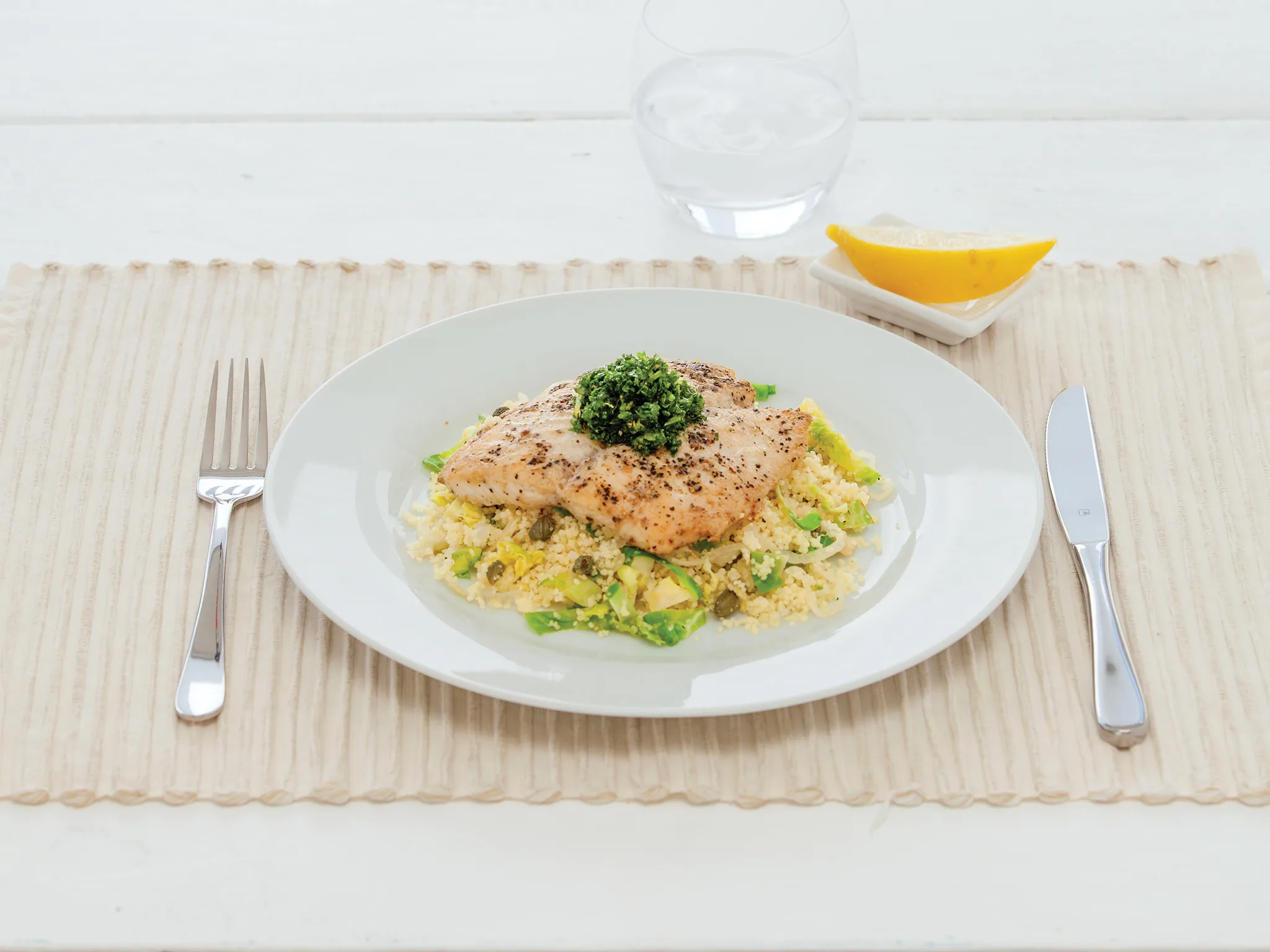 Pan fried fish with lemon and garlic couscous
