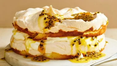 egg white recipes; passionfruit meringue cake drizzled with passionfruit pulp