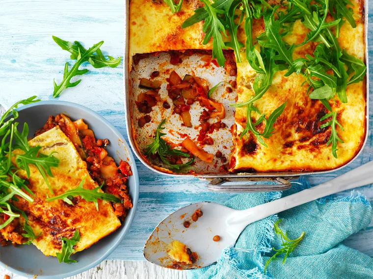 Char-grilled zucchini and lentil lasagne