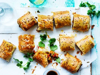 Spicy kumara sausage rolls