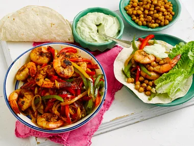 Sizzling prawn fajitas with avocado cream