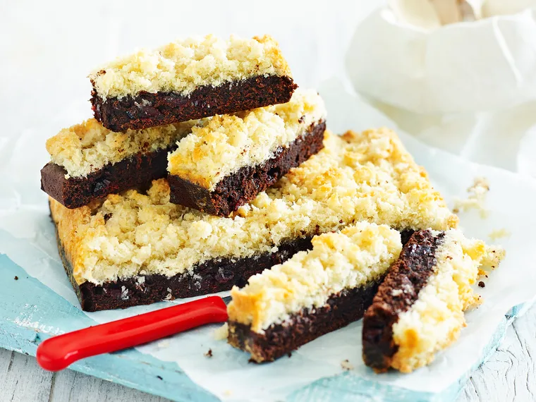 Chocolate slice with macaroon topping