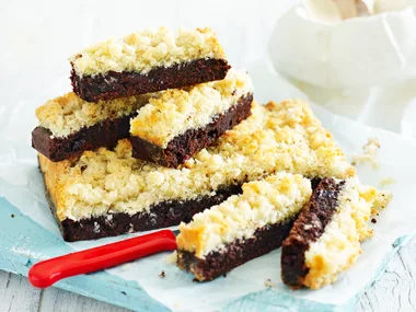 Chocolate slice with macaroon topping
