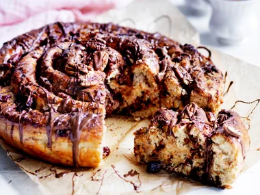 Chocolate, pecan and raisin scrolls