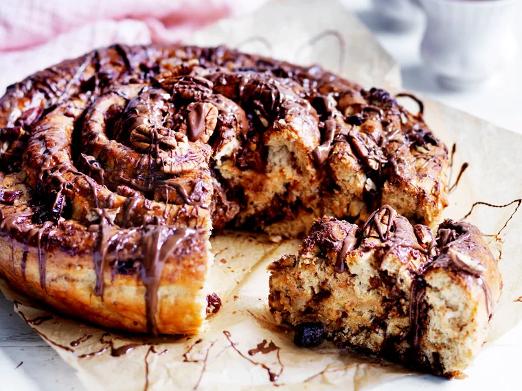 Chocolate, pecan and raisin scrolls