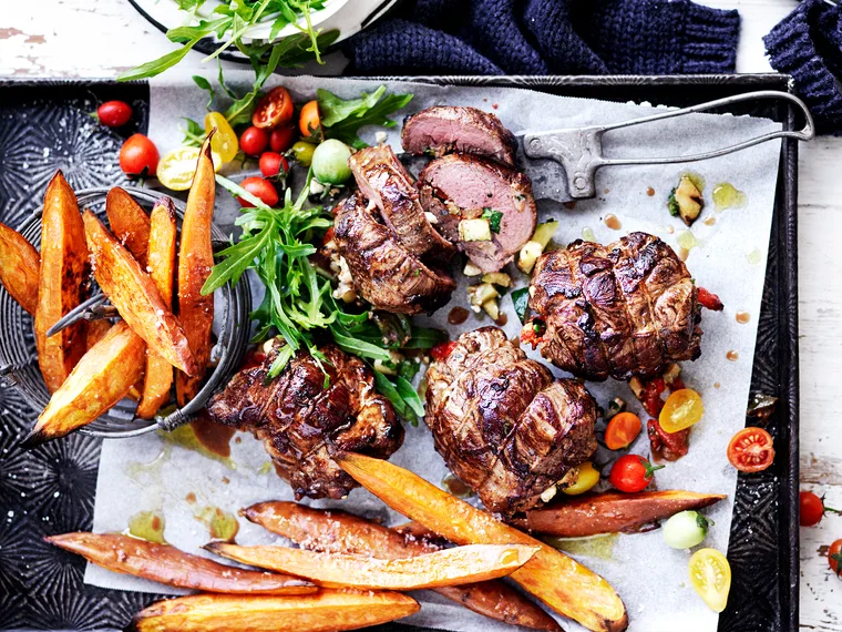 Feta, basil and vegetable lamb roasts