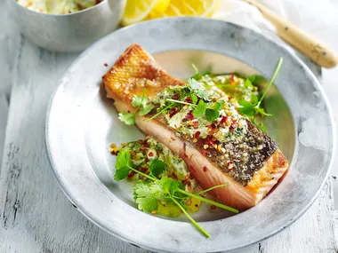 Crispy salmon with chermoula yoghurt