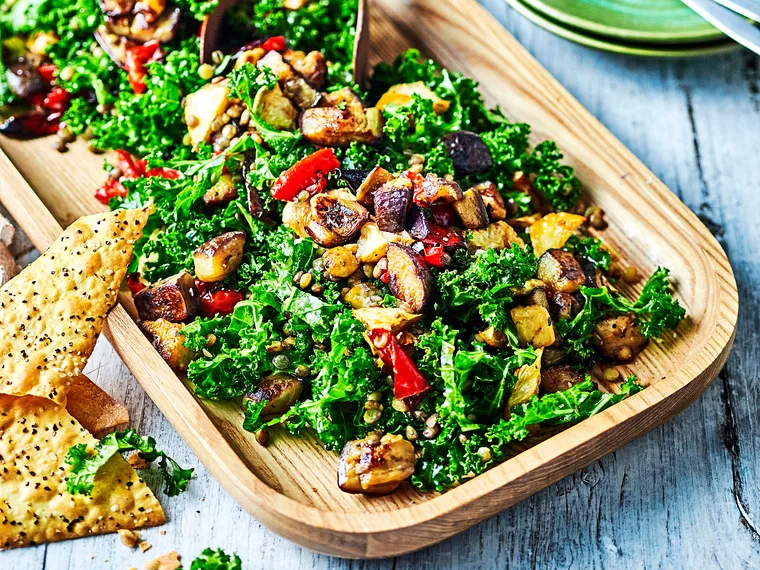 Eggplant, kale and lentil salad