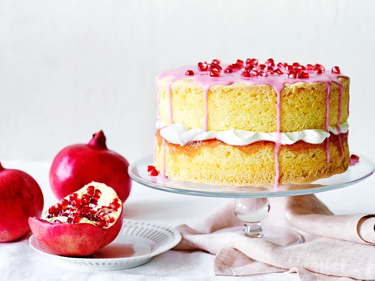 Pomegranate and rose petal sponge cake