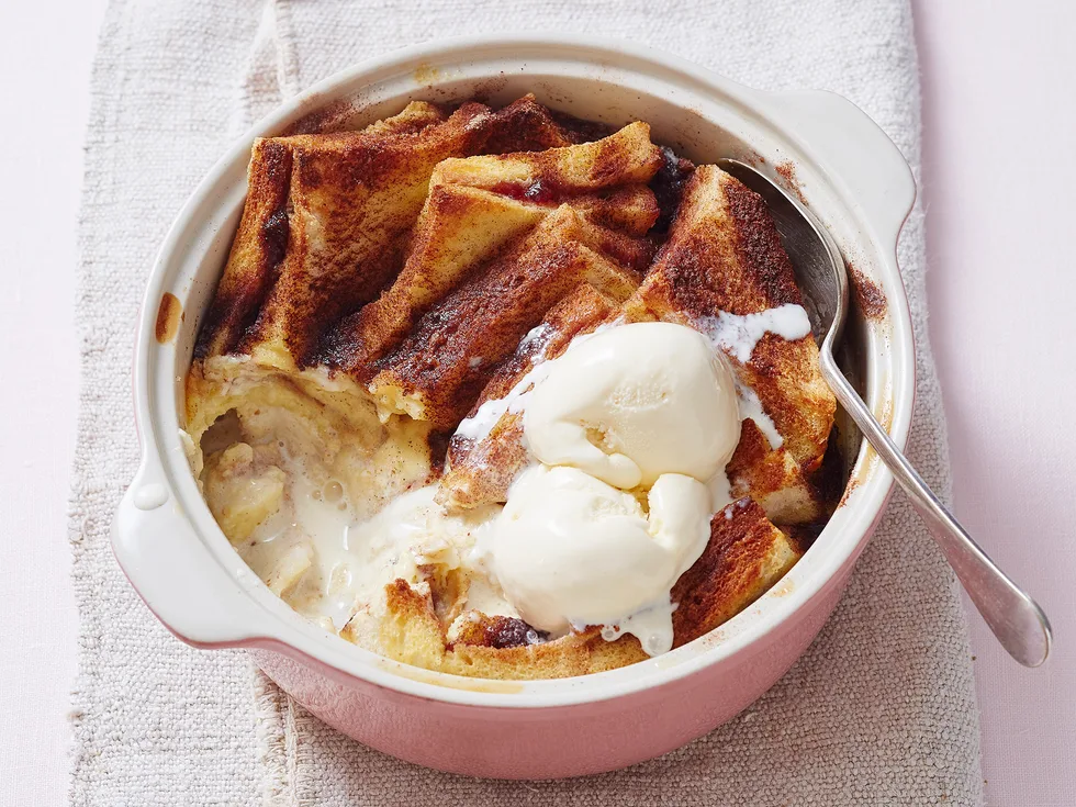 Bread and butter pudding with strawberry jam