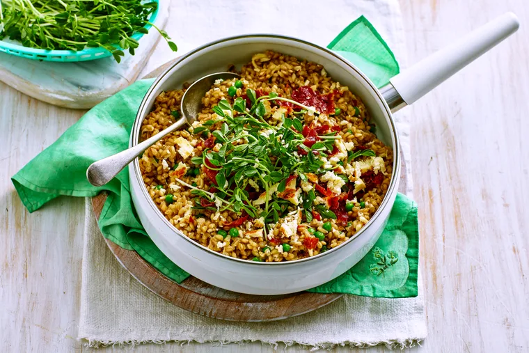 Pearl barley risotto with haloumi crumbs