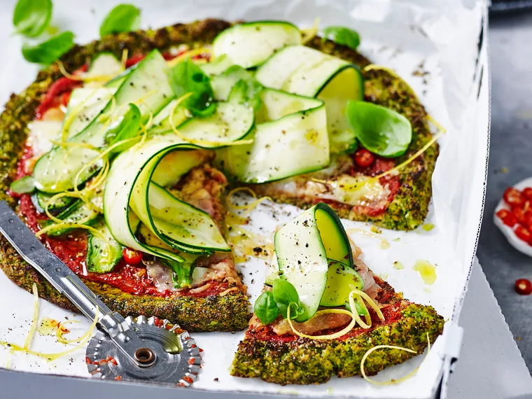 Broccoli &lsquo;pizza&rsquo; with zucchini salad