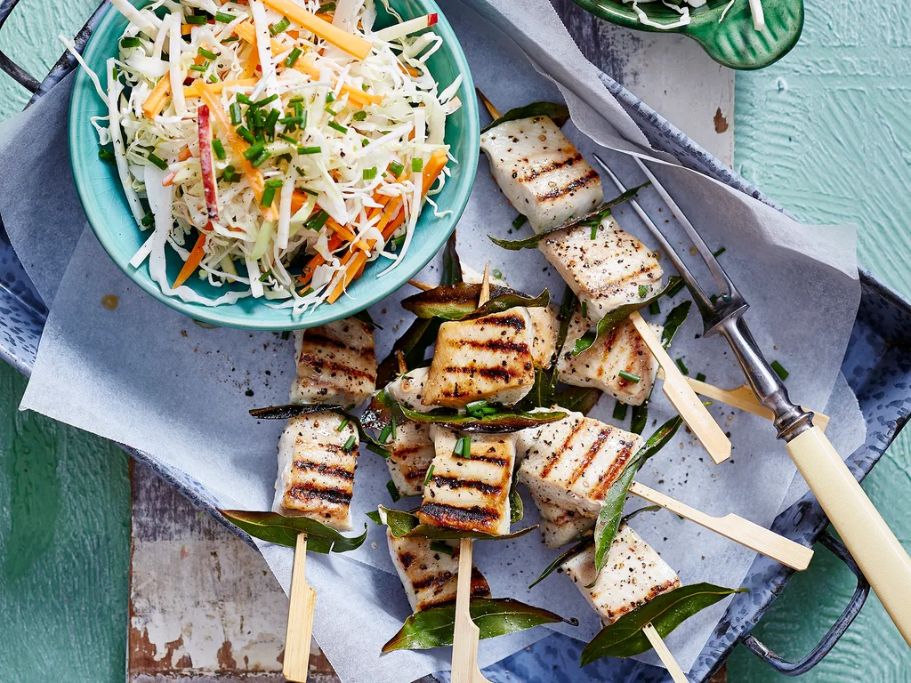 snapper and bay leaf skewers with root vegetable slaw