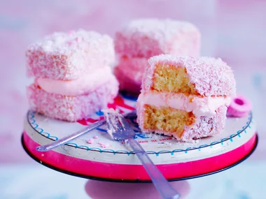 Pink lamingtons with musk cream