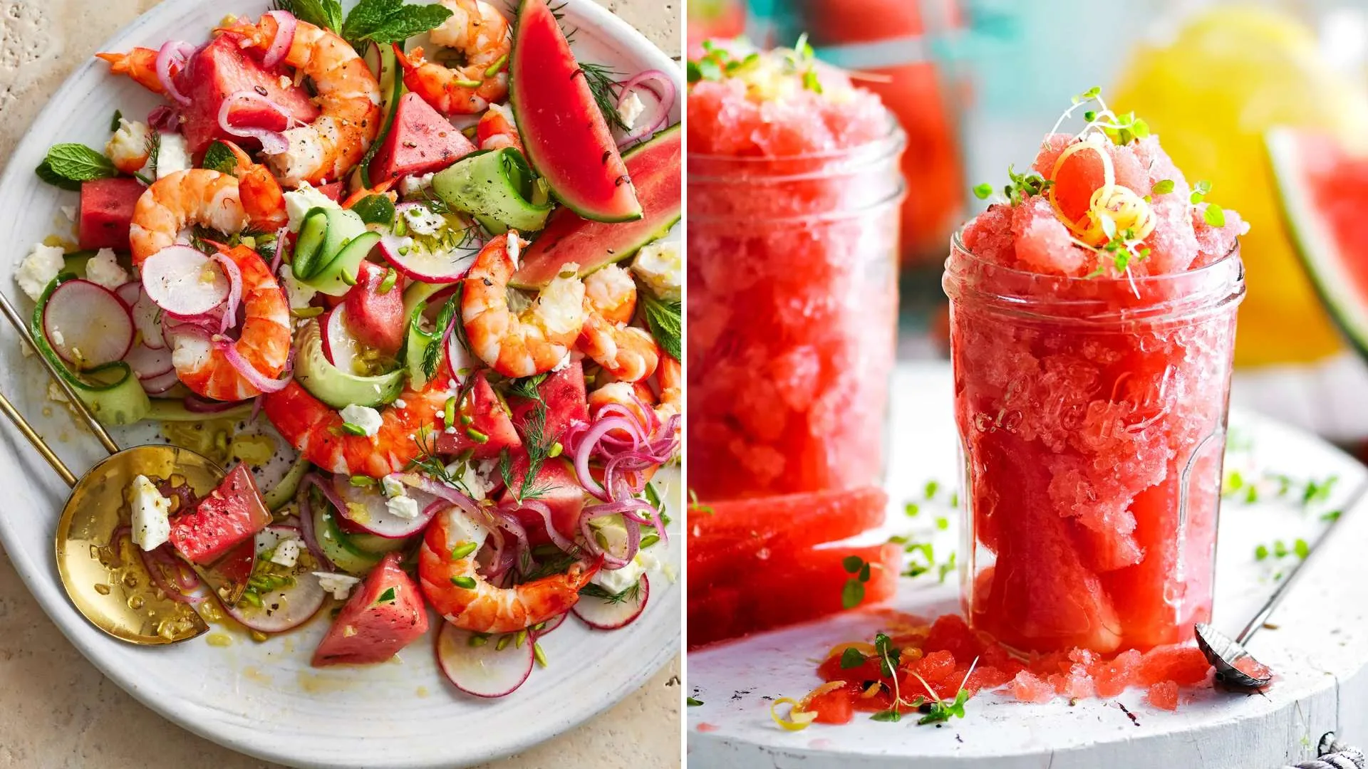 Prawn & watermelon salad with fetta & sumac onions, and Watermelon and lemon tea granita recipes