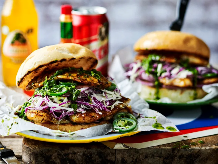 Grilled cajun fish burgers with hot coriander sauce