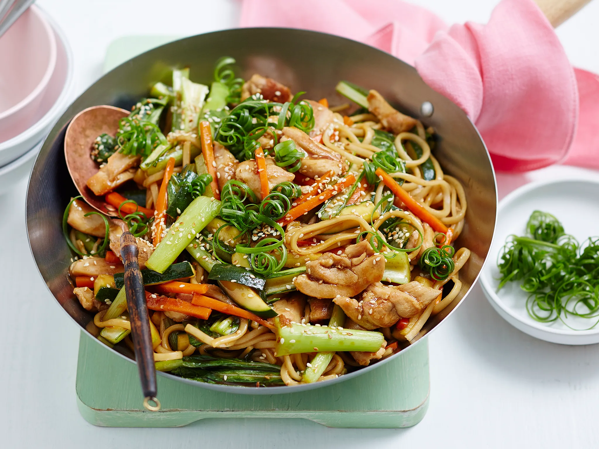 Teriyaki chicken udon noodles with choy sum