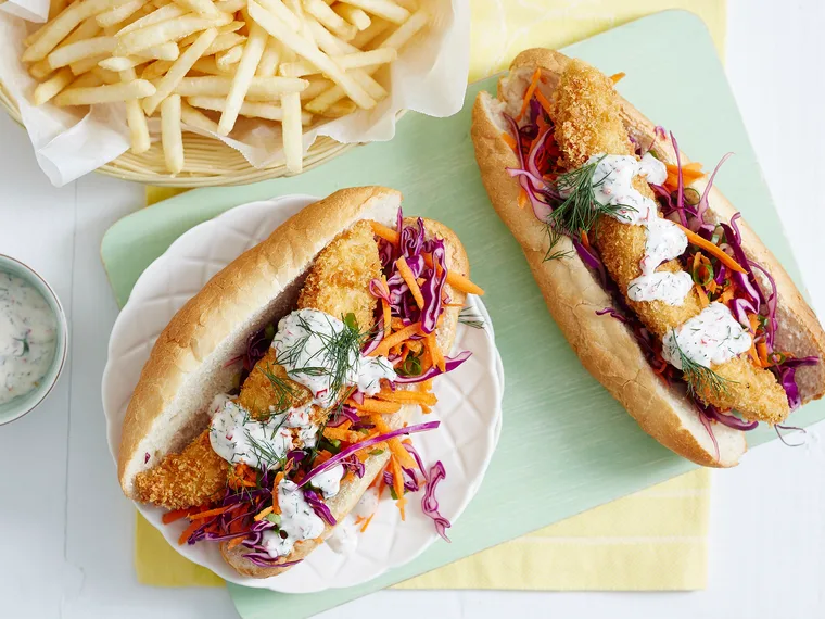 Crumbed fish burgers with cabbage slaw and chilli mayo