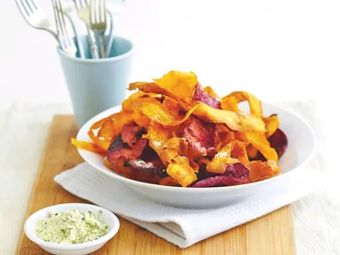root veggie crisps with citrus and rosemary salt