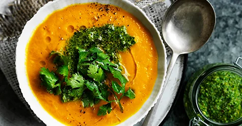 Carrot and Lentil Soup with Coriander Pesto