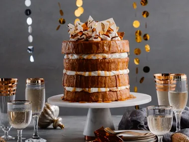 Sugar and spice cake with caramel and orange cream