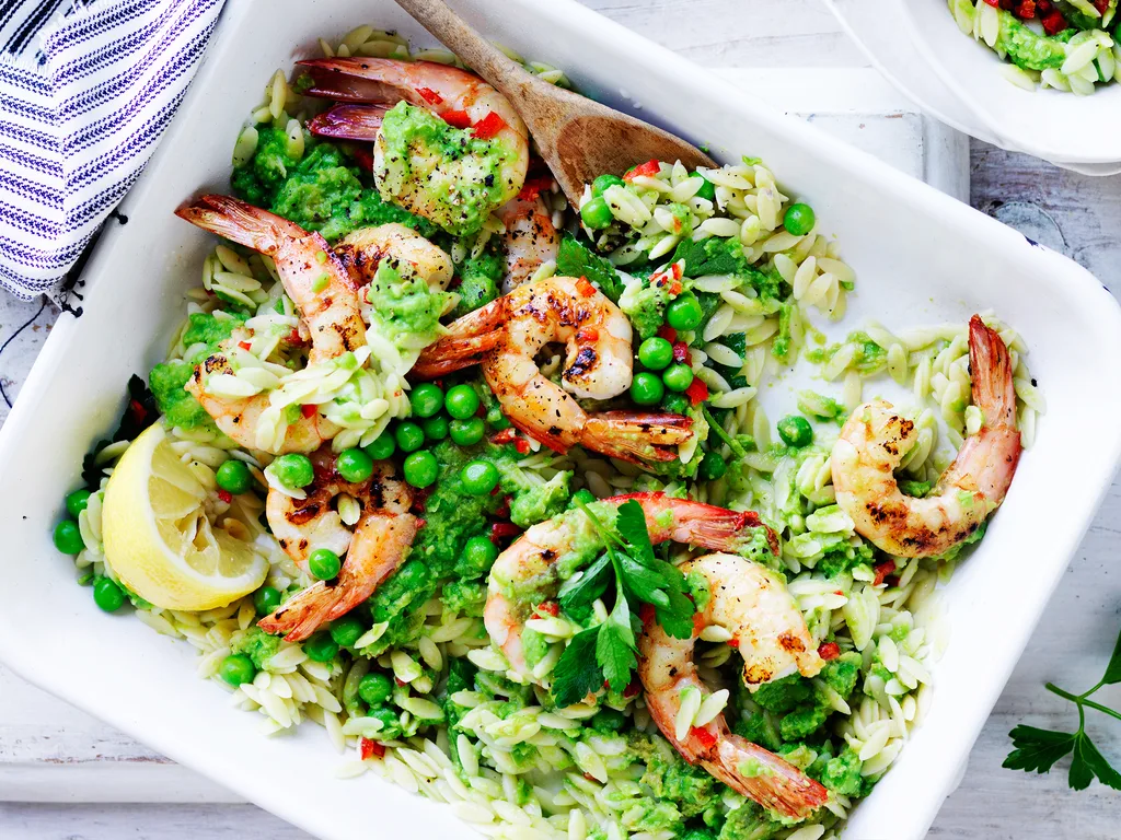 prawns with risoni and peas