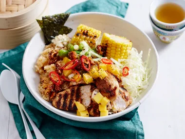 Charred chicken poke bowl