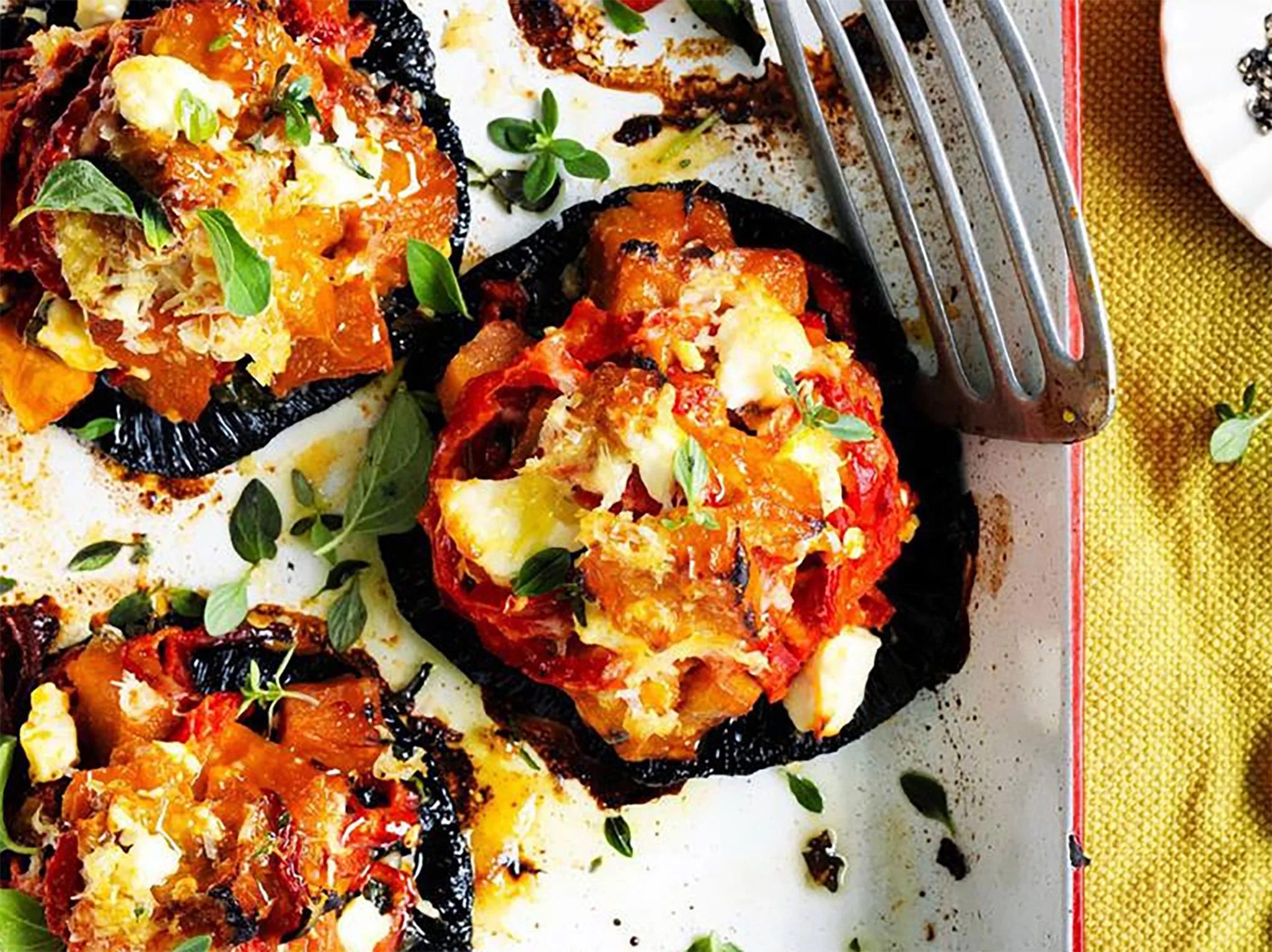 Pumpkin, capsicum and feta stuffed mushrooms