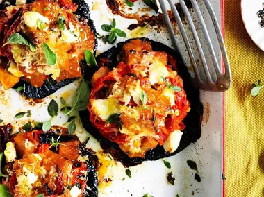 Pumpkin, capsicum and feta stuffed mushrooms