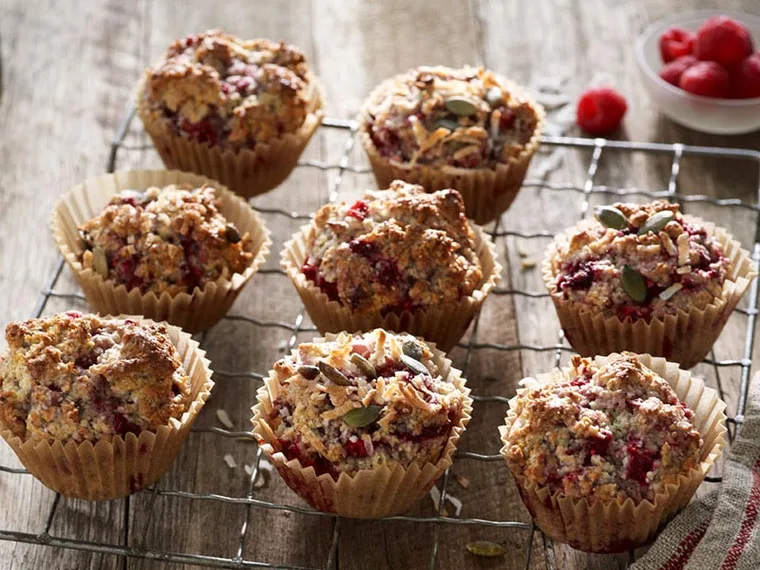 Raspberry, coconut & chia muffins