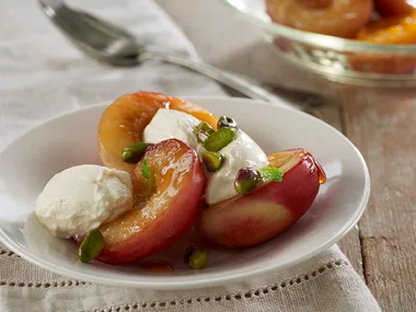 Nectarines with labne pistachios & mint