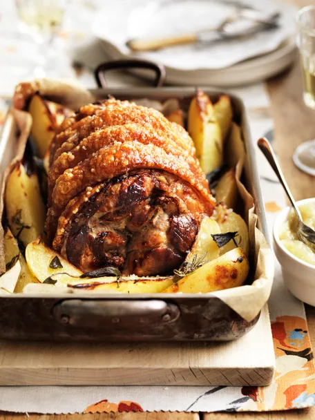 Pork leg roast with sage potatoes
