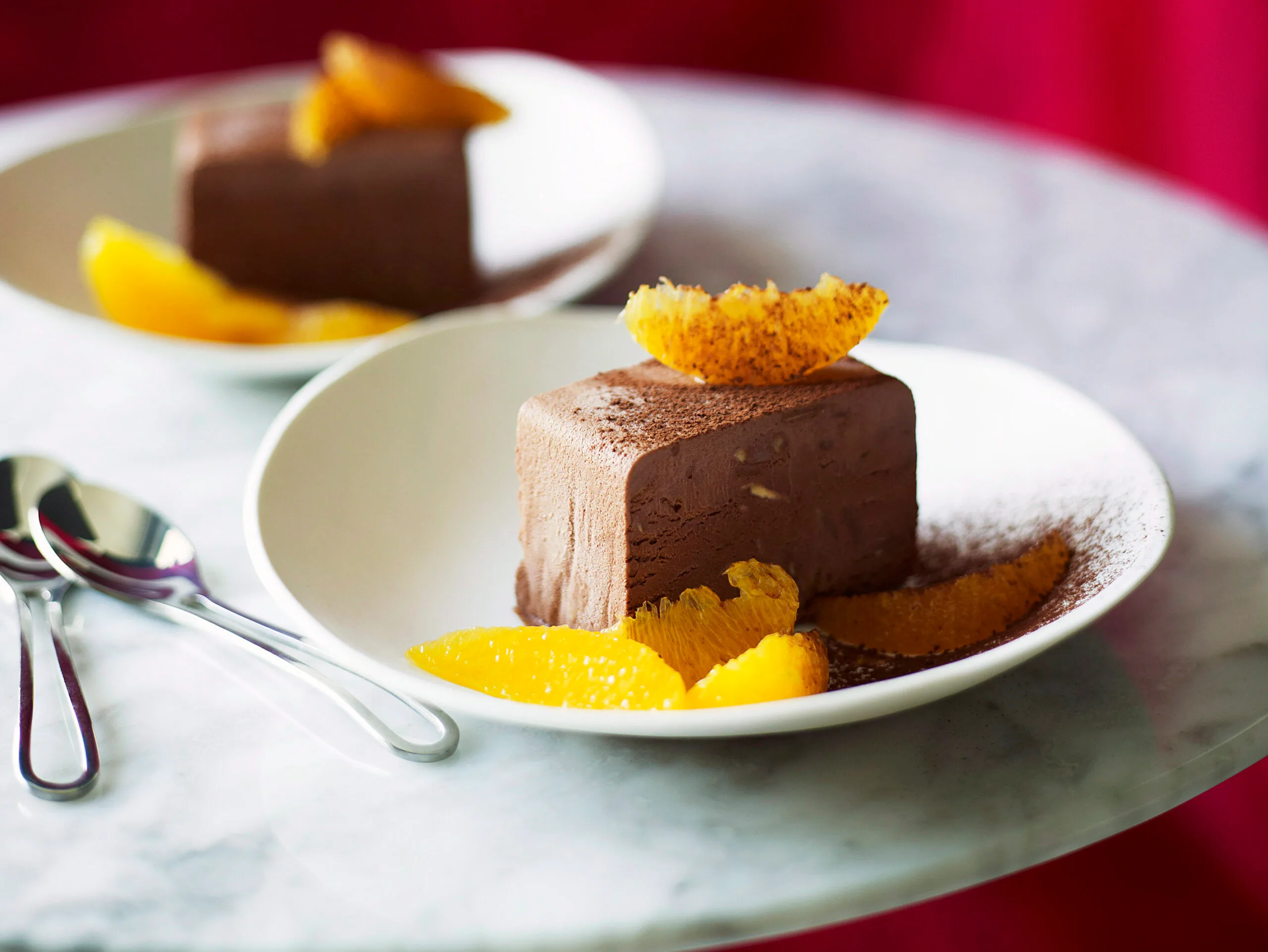 Chocolate parfait with orange salad
