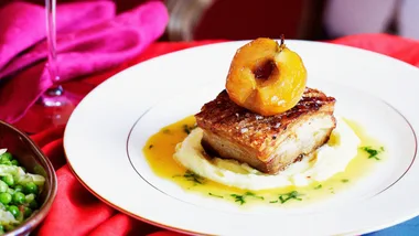 Roast pork belly with caramelised apples