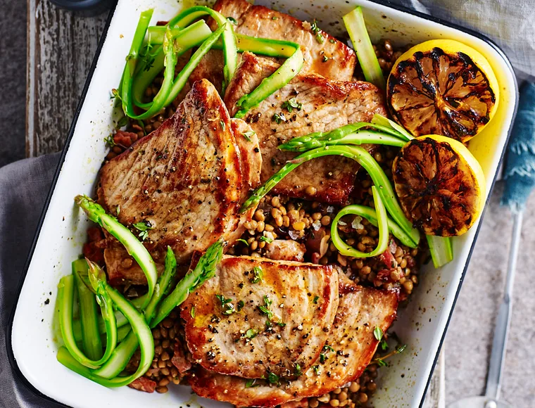 PORK STEAKS WITH SAUTEED LENTILS