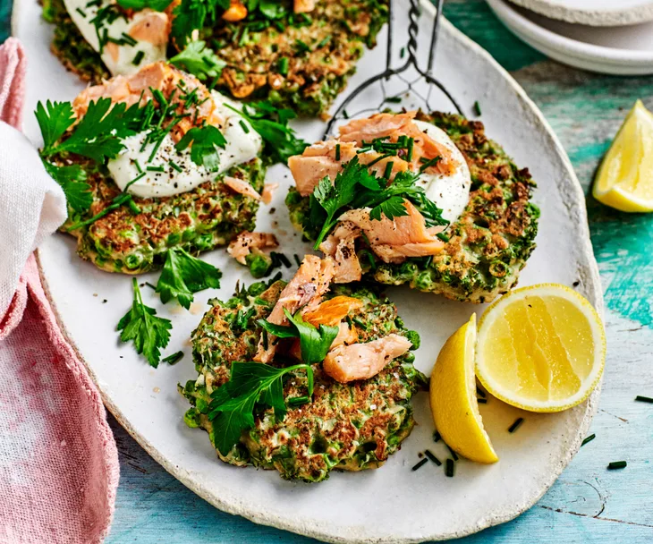 Pea and kale fritters with smoked salmon