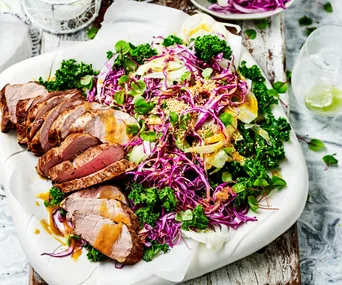 Pork fillet salad with miso maple dressing