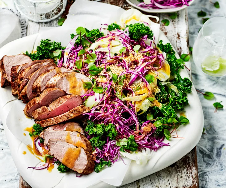 Pork fillet salad with miso maple dressing
