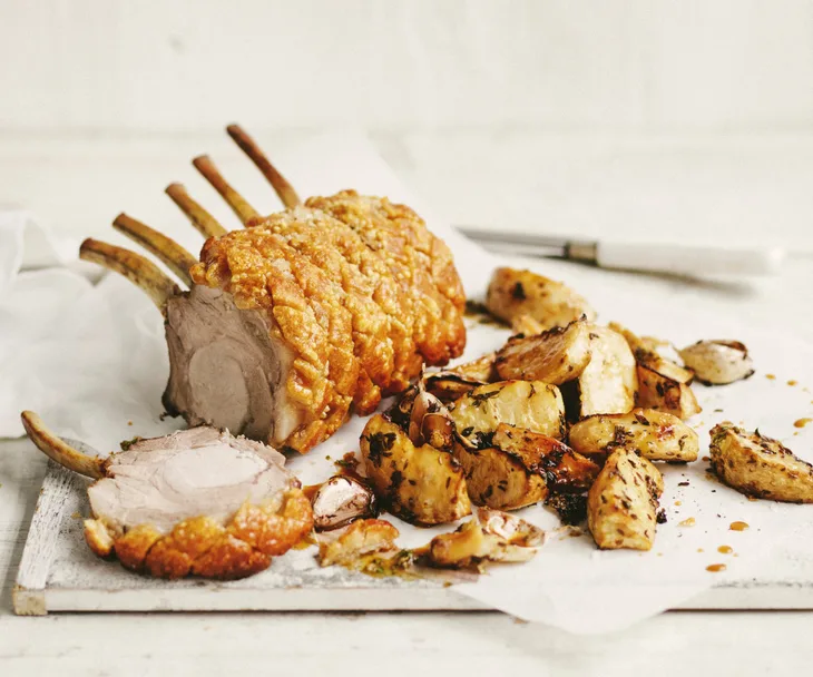 Crackling pork rib eye with honey & lemon glaze