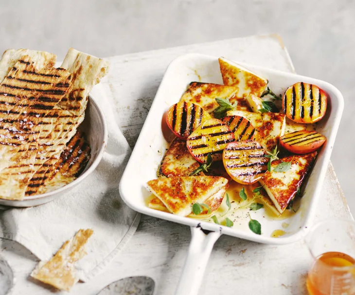 Grilled saganaki cheese with grilled peaches & honey