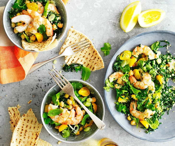 Prawn, kale and chickpea tabbouleh