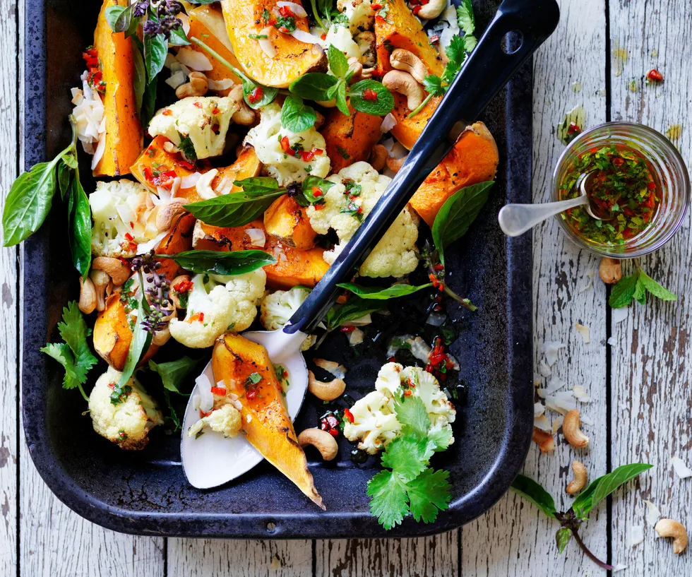 coconut-roasted pumpkin and cauliflower with chilli, lime and cashews