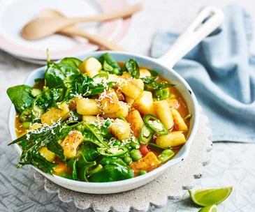 Indian style gnocchi recipe with green veg masala curry