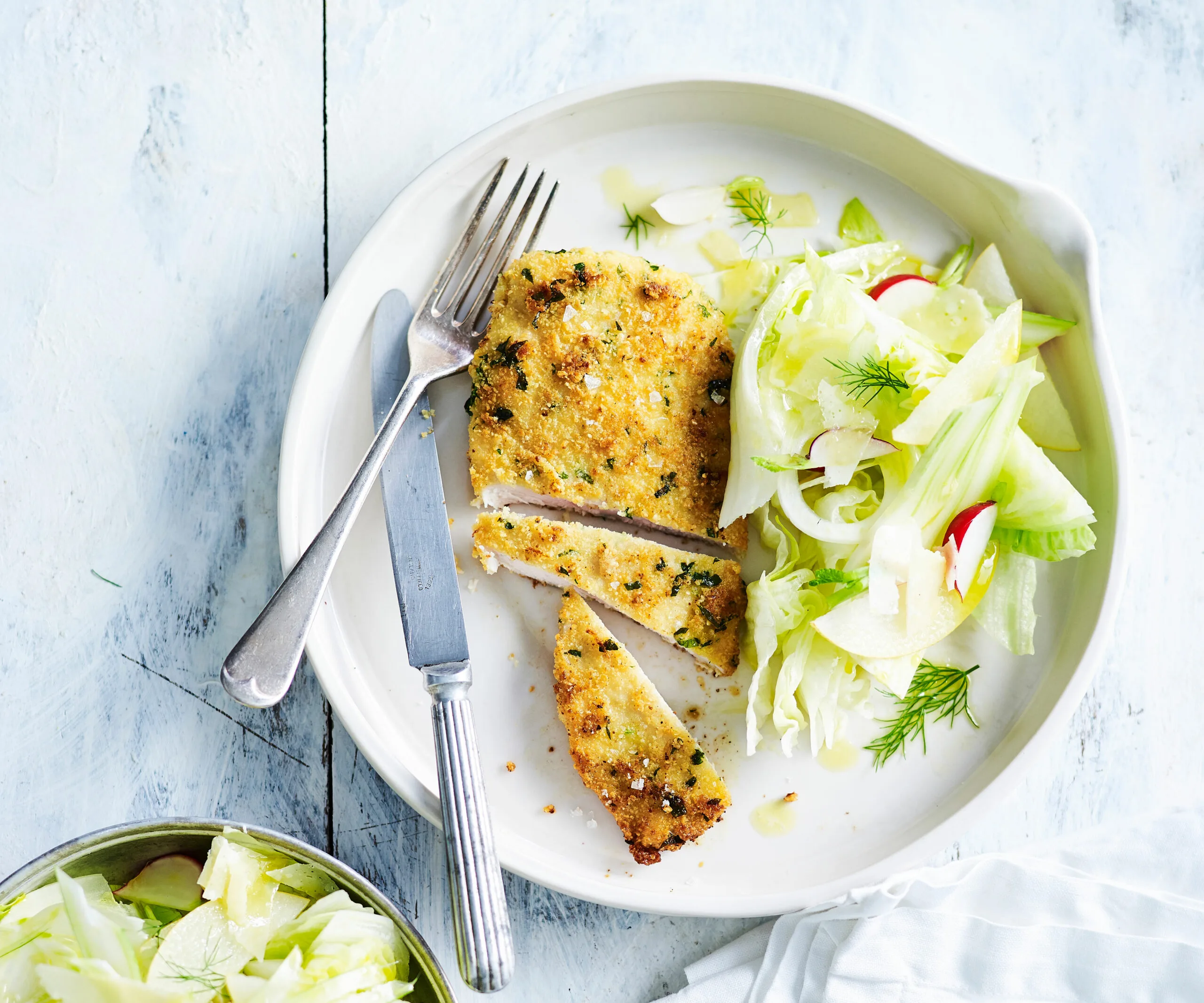 Almond-crumbed chicken schnitzel with fennel & nashi salad-image