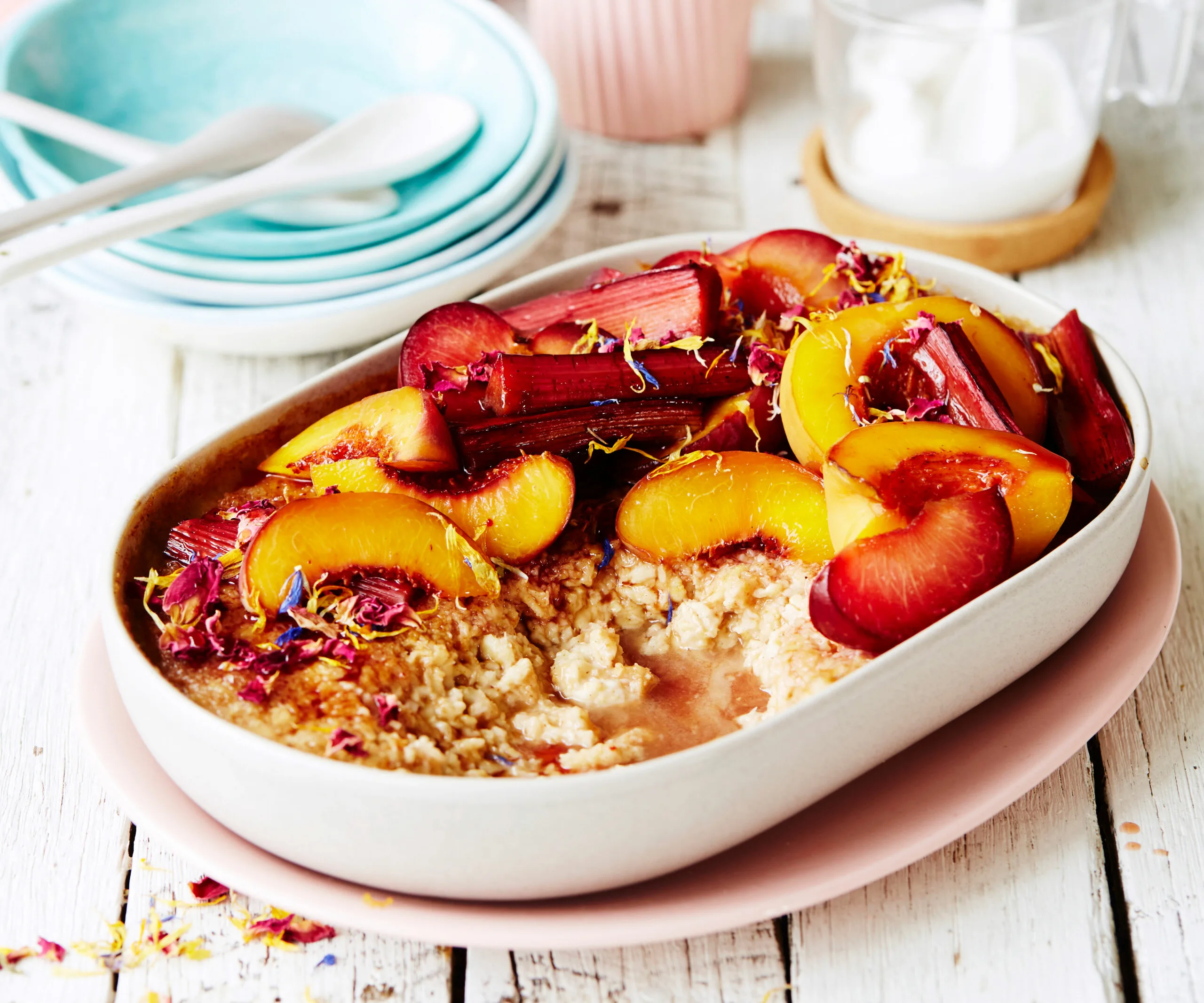 baked oats recipe with stone fruit and rhubarb